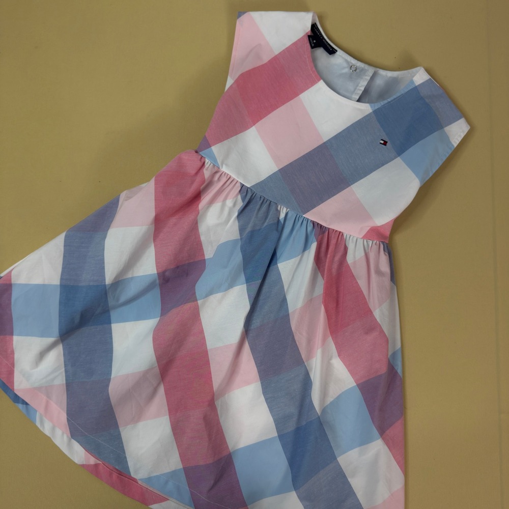 Tommy Hilfiger Dress Kids 6 Pink Blue Plaid Excellent Sleeveless Back Cutout Bow